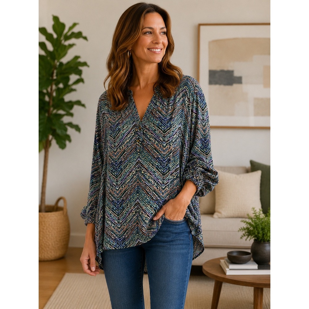 Cato Woman Plus Size 26/28W Multicolor Chevron Mosaic Rayon V-Neck Tunic Blouse